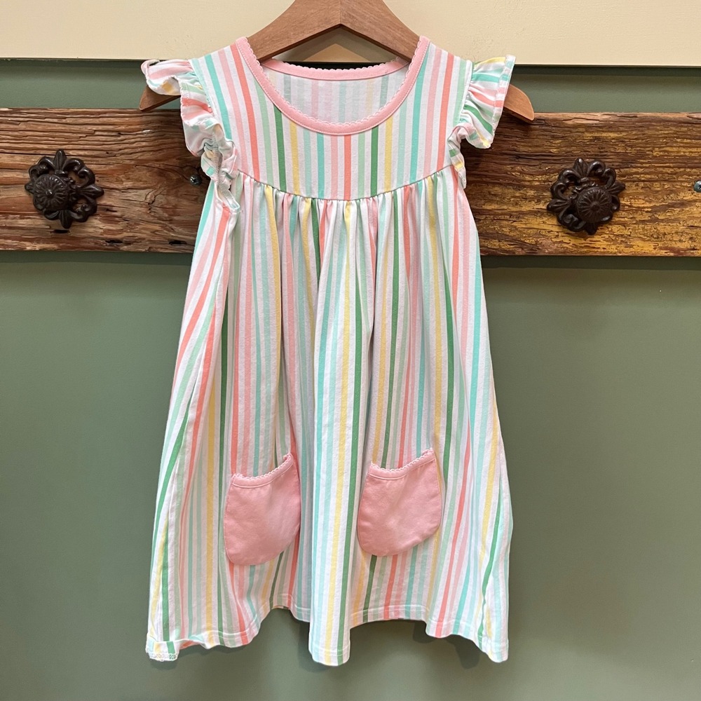 Serendipity Shrimp and Grits Kids Pastel Stripe Flutter Sleeve Dress M 5-6